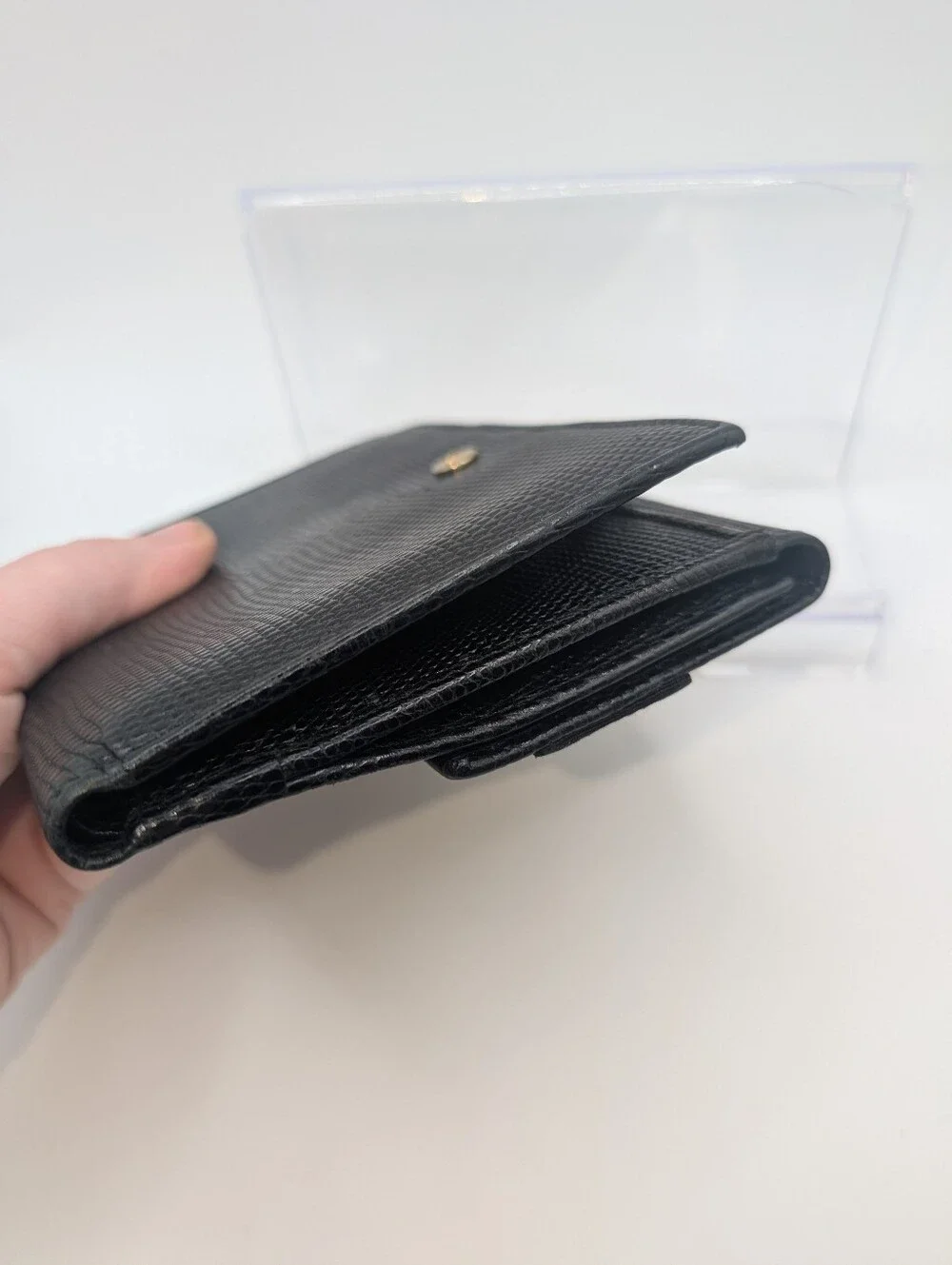 Salvatore Ferragamo Black Textured Vara Bow Wallet with Gold Hardware